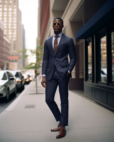 Navy Blue Plaid Suit With Brown Shoes Hockerty